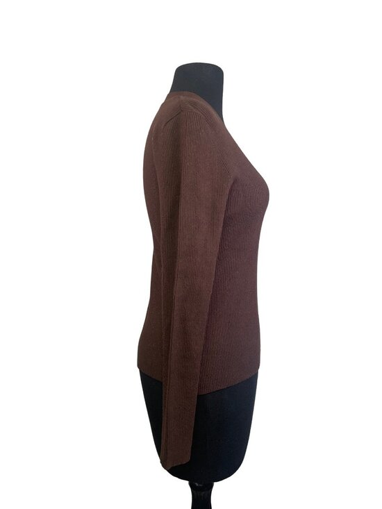 Isabella Bird Sweaters - Isabella Bird Womens Ribbed V-Neck Sweater Brown S Rayon Blend Long Sleeve